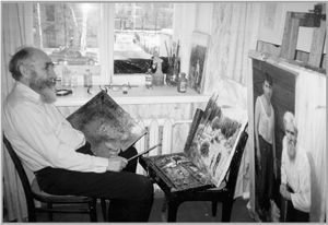 П.М.Малинин в своей мастерской (конуре), 1992
